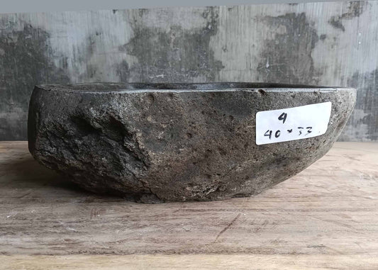 Front view of handcrafted stone sink 6004-4033 showing glossy dark finish