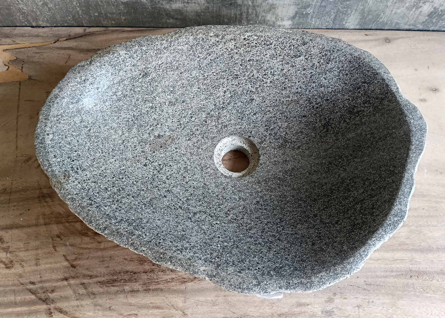 Top view of river stone sink 6221-5036 with polished light gray interior and natural grain