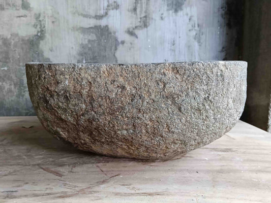 Right side view of 14×13 inch grey river stone sink showing boat-like profile