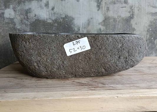 Front angle of compact river stone sink 6275-5230 with raw exterior in gray-brown hues