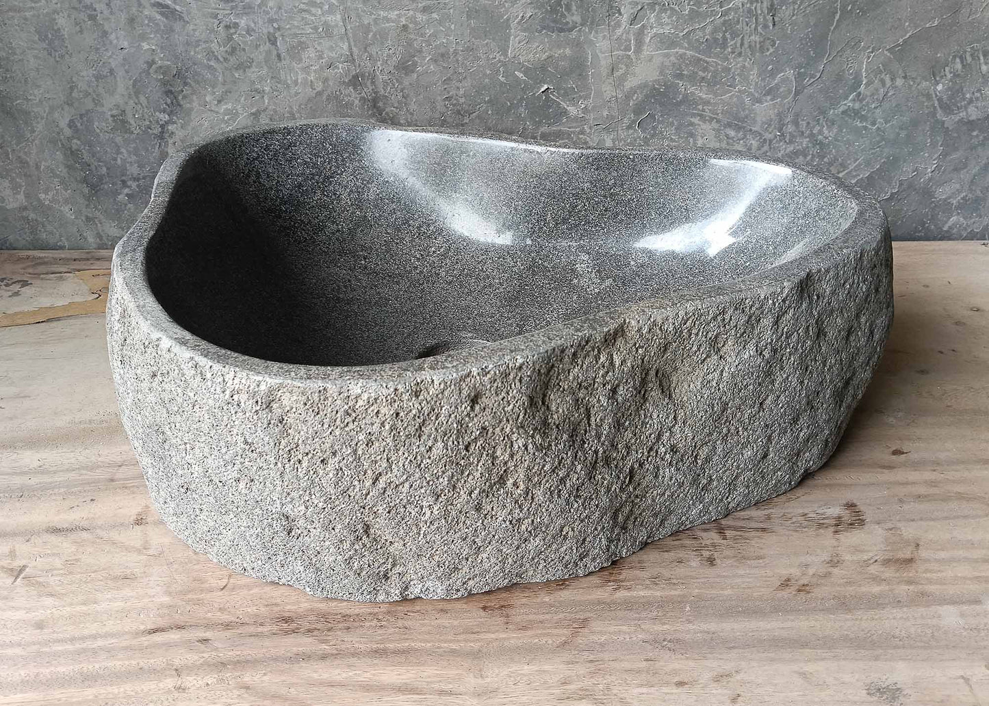 Wide natural grain stone basin – back view