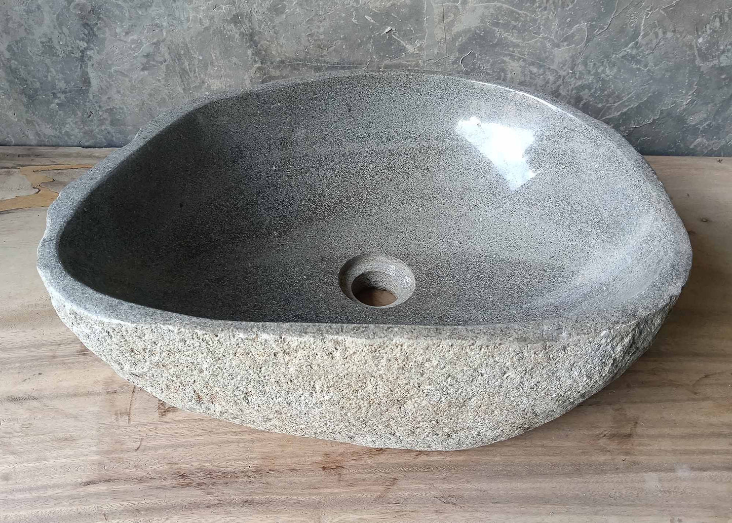 Light gray textured boulder sink – back view