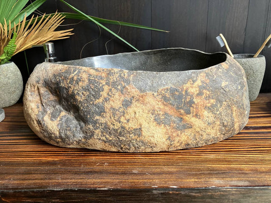 Front angled view of rust-brown and black river stone vessel sink RSS-011