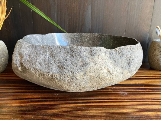 Front angled view of multicolored natural river stone sink RSS-016