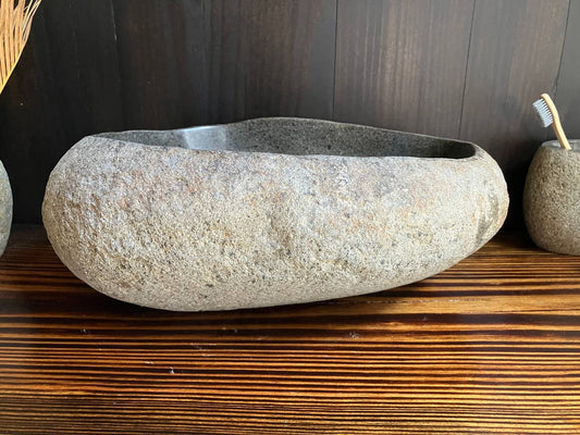 Front view of light gray oval river stone sink RSS-024