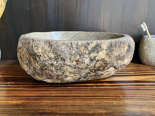 Front view of beige-yellow river stone sink RSS-027