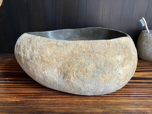 Front view of compact brown river stone sink RSS-030