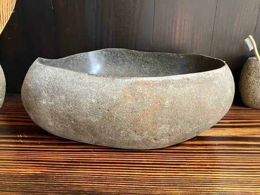 Front view of compact gray river stone sink RSS-031
