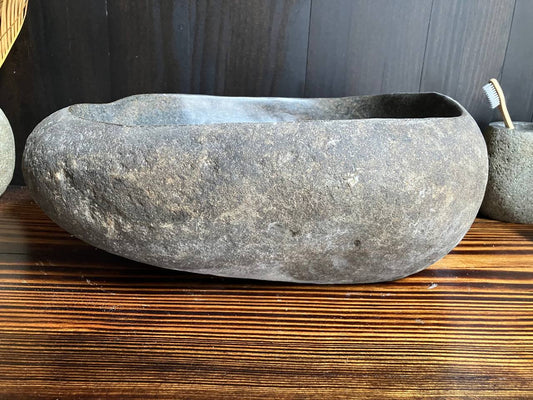 Front view of dark-gray river stone sink RSS-036