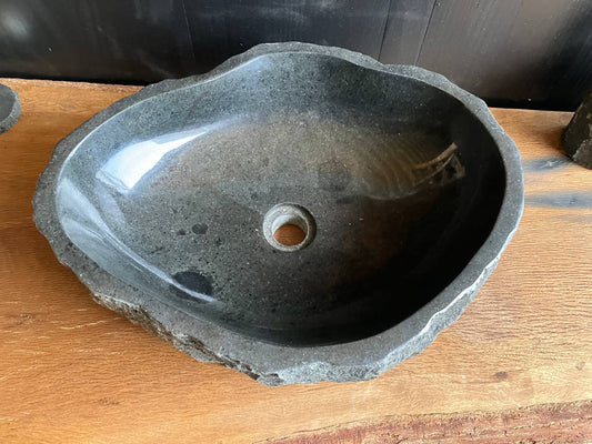 Natural andesite stone bathroom vessel sink ANS-010 showing its rough chiseled exterior