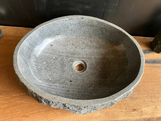 Natural gray andesite stone bathroom vessel sink ANS-012 with a rough chiseled exterior