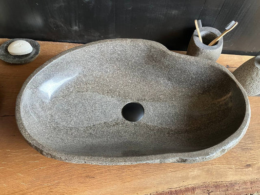 River stone bathroom vessel sink RSC-068 with a natural textured exterior and 5.5-inch height