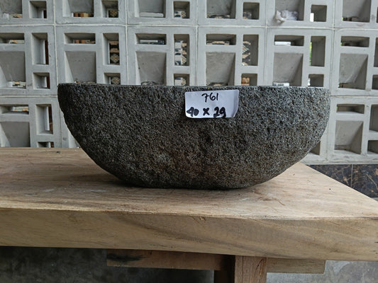 Front view of 6761-4029 natural river rock vessel sink, compact organic shape