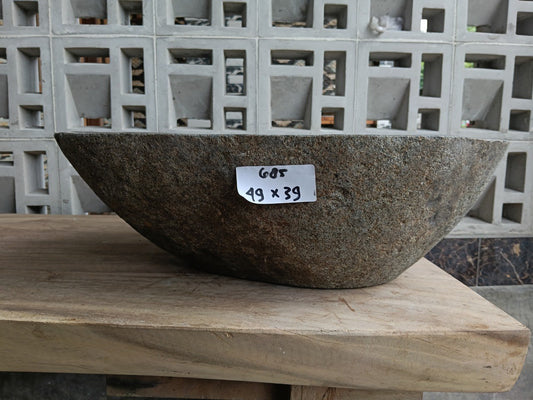 Front view of 6685-4939 river stone vessel — polished gray-white interior