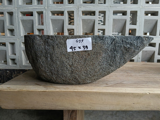 Front view of 6699-4539 river stone vessel — polished interior bowl
