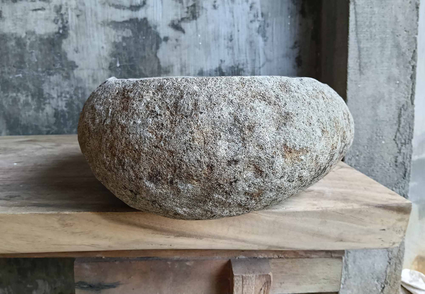 Right side of light gray handcrafted stone sink with natural rock surface – SKU 6529-1815