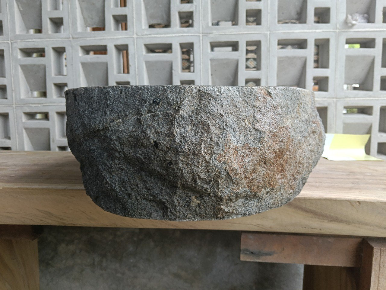Back view showing natural split-rock exterior of andesite sink