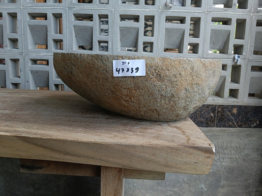 Front view of 6957-4739 natural river rock vessel sink, organic oval shape