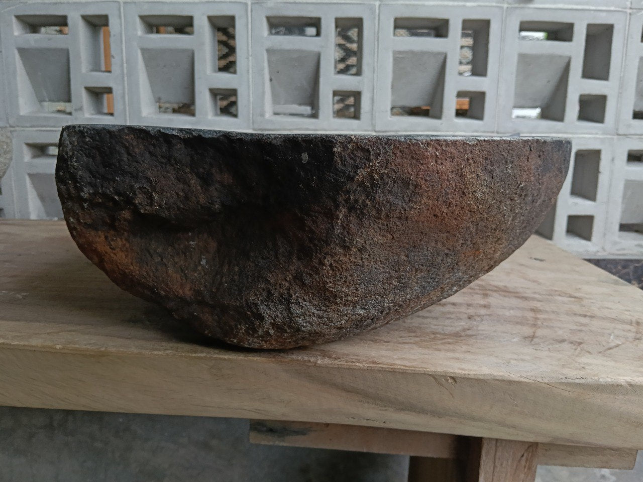 Back view of 6873-5038 natural stone vessel — textured exterior