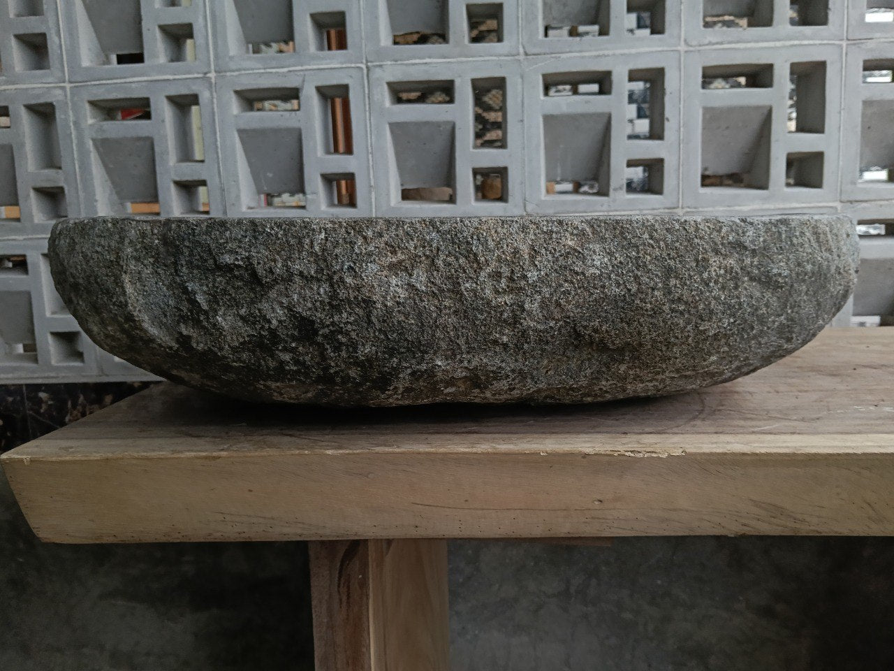 Back view of 6872-6448 natural stone vessel — textured exterior
