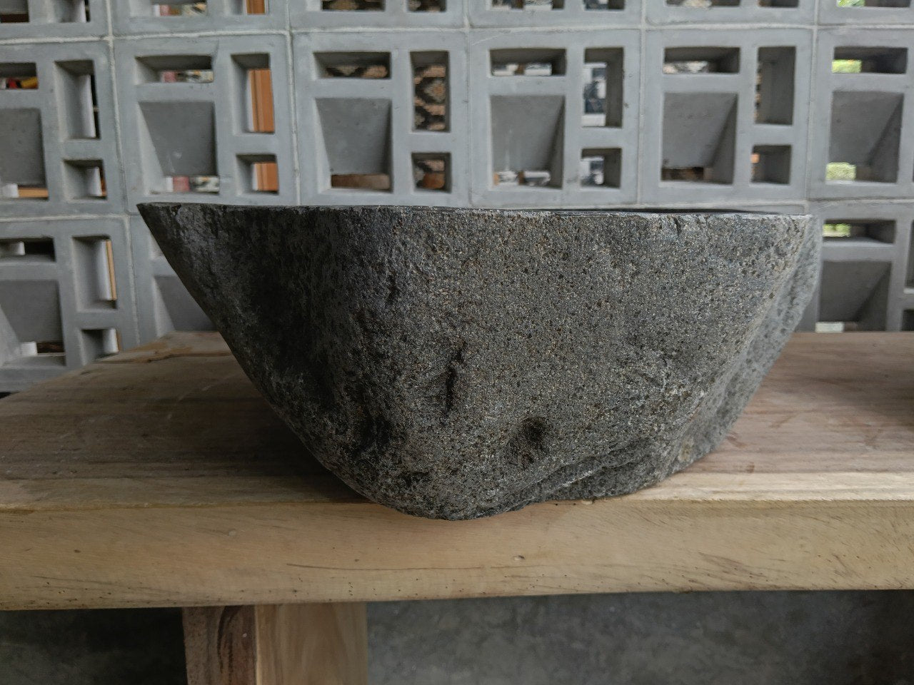 Back view of 6804-5141 natural stone vessel — textured exterior