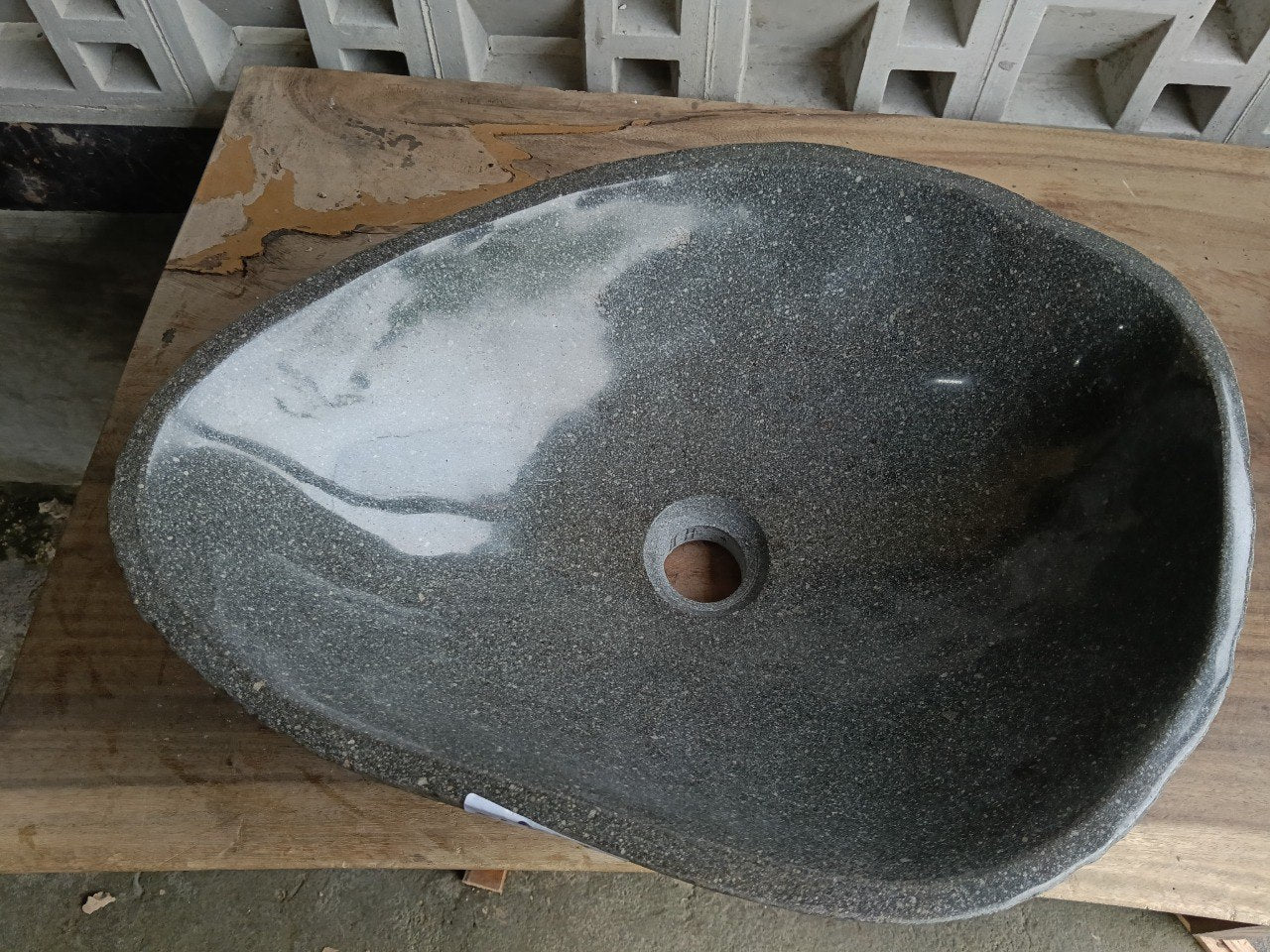 Top view of 6842-5138 graphite gray river stone sink — handcrafted natural stone