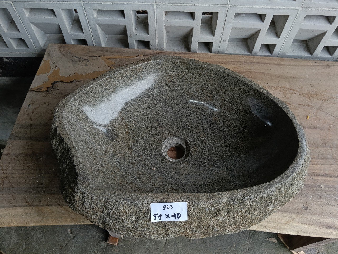 Top view of 6823-5440 gray river stone sink — handcrafted natural stone