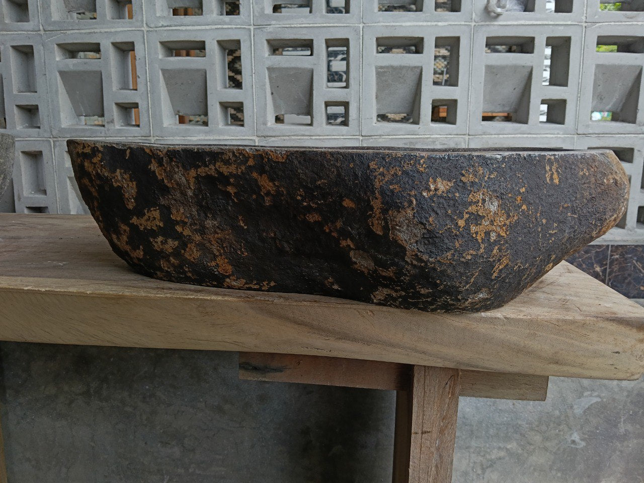 Back view of 6864-6040 natural stone vessel — textured exterior