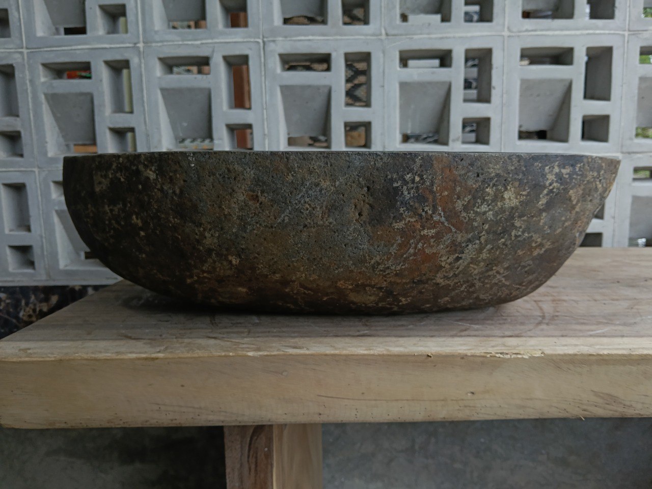 Back view of 6860-5436 natural stone vessel — textured exterior