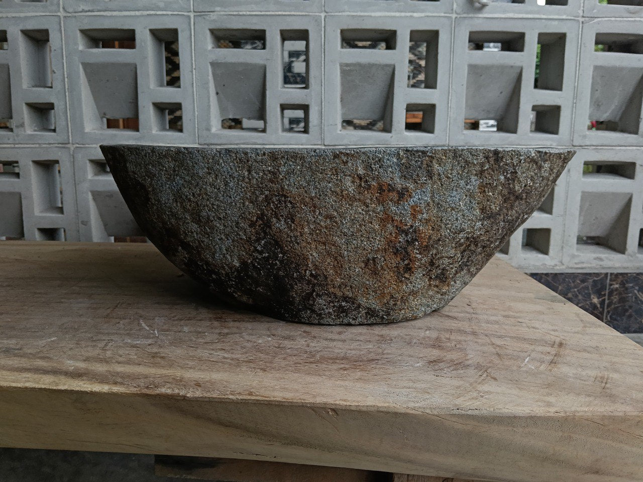 Back view of 6853-5036 natural stone vessel — textured exterior