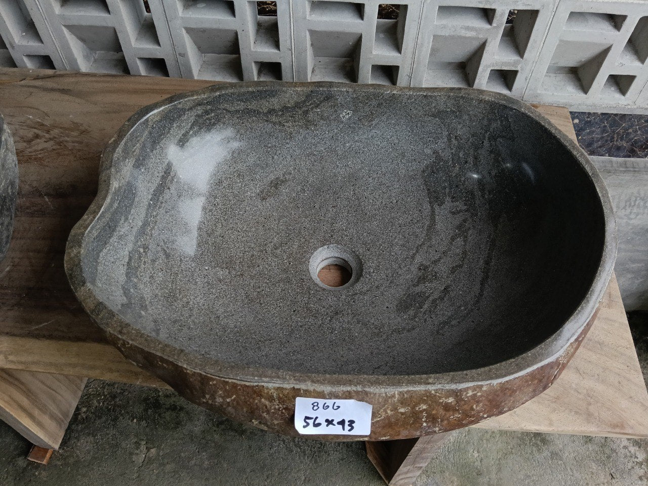 Top view of 6866-5643 gray-brown river stone sink — handcrafted natural stone