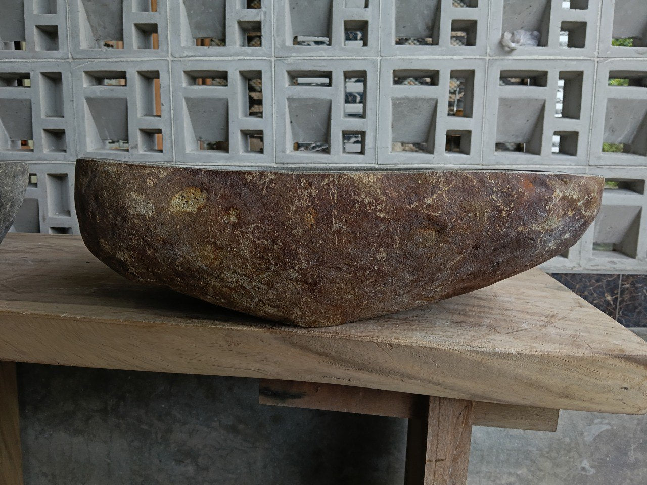 Back view of 6866-5643 natural stone vessel — textured exterior