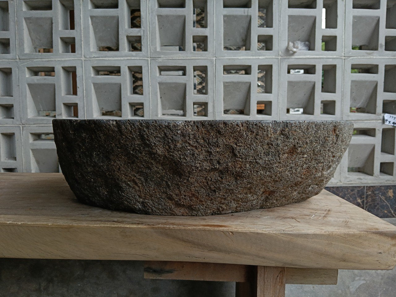 Back view of 6781-5849 natural stone vessel — textured exterior