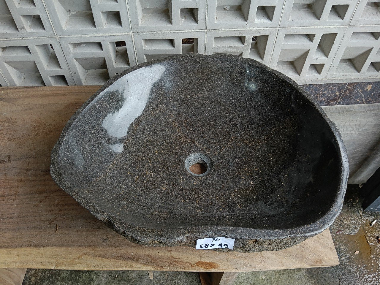 Top view of 6781-5849 dark gray river stone sink — handcrafted natural stone