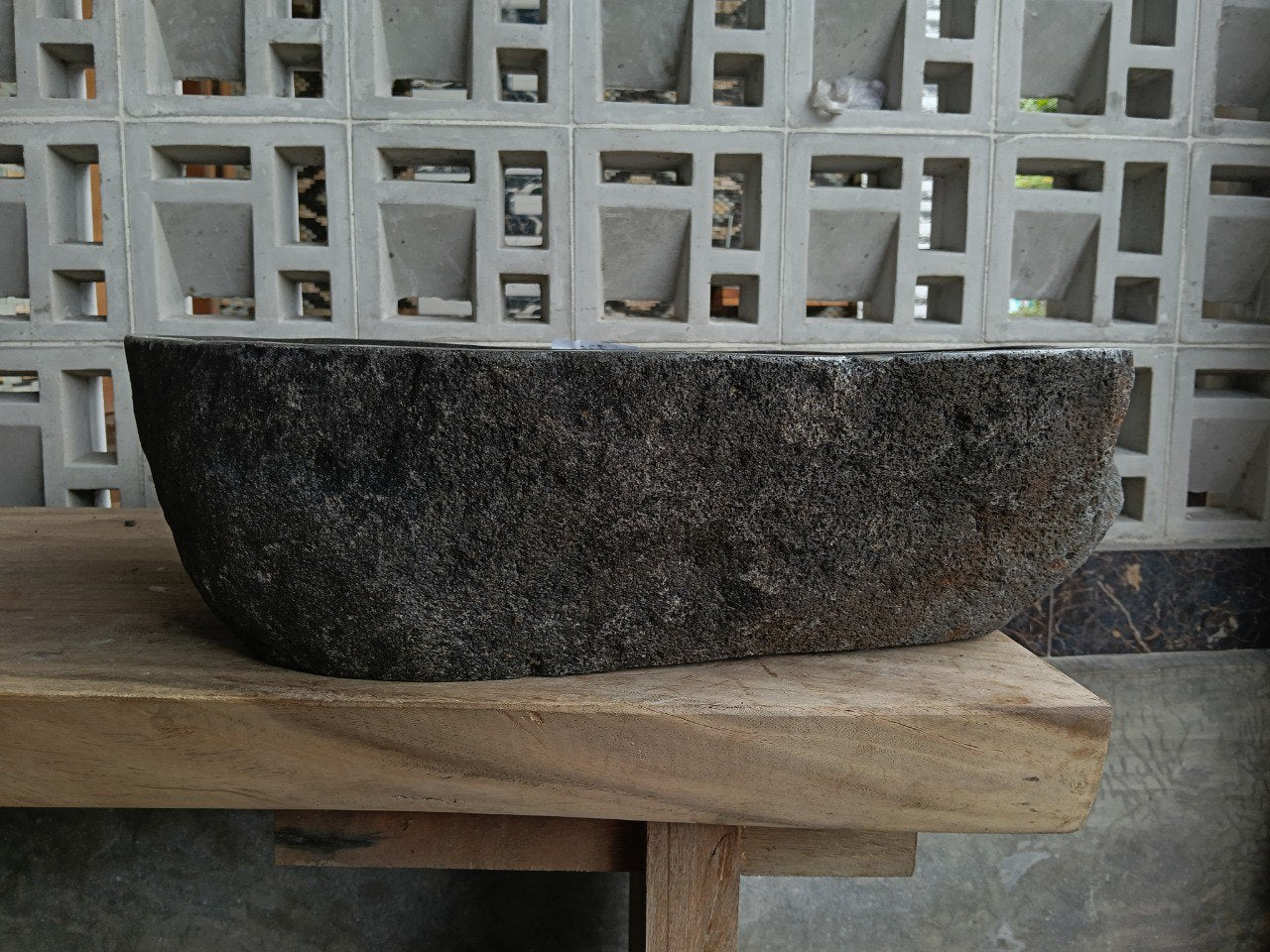 Back view of 6775-5736 natural stone vessel — textured exterior