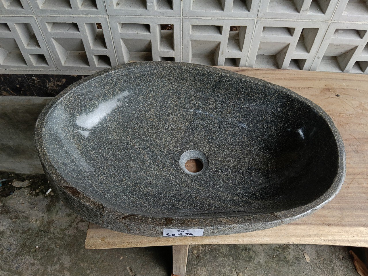 Top view of 6782-6040 dark gray river stone sink — handcrafted natural stone