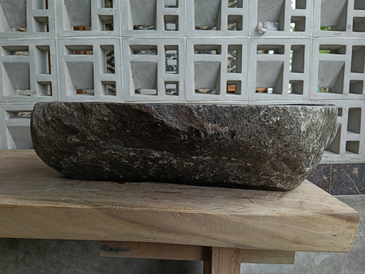Back view of 6779-5844 natural stone vessel — textured exterior