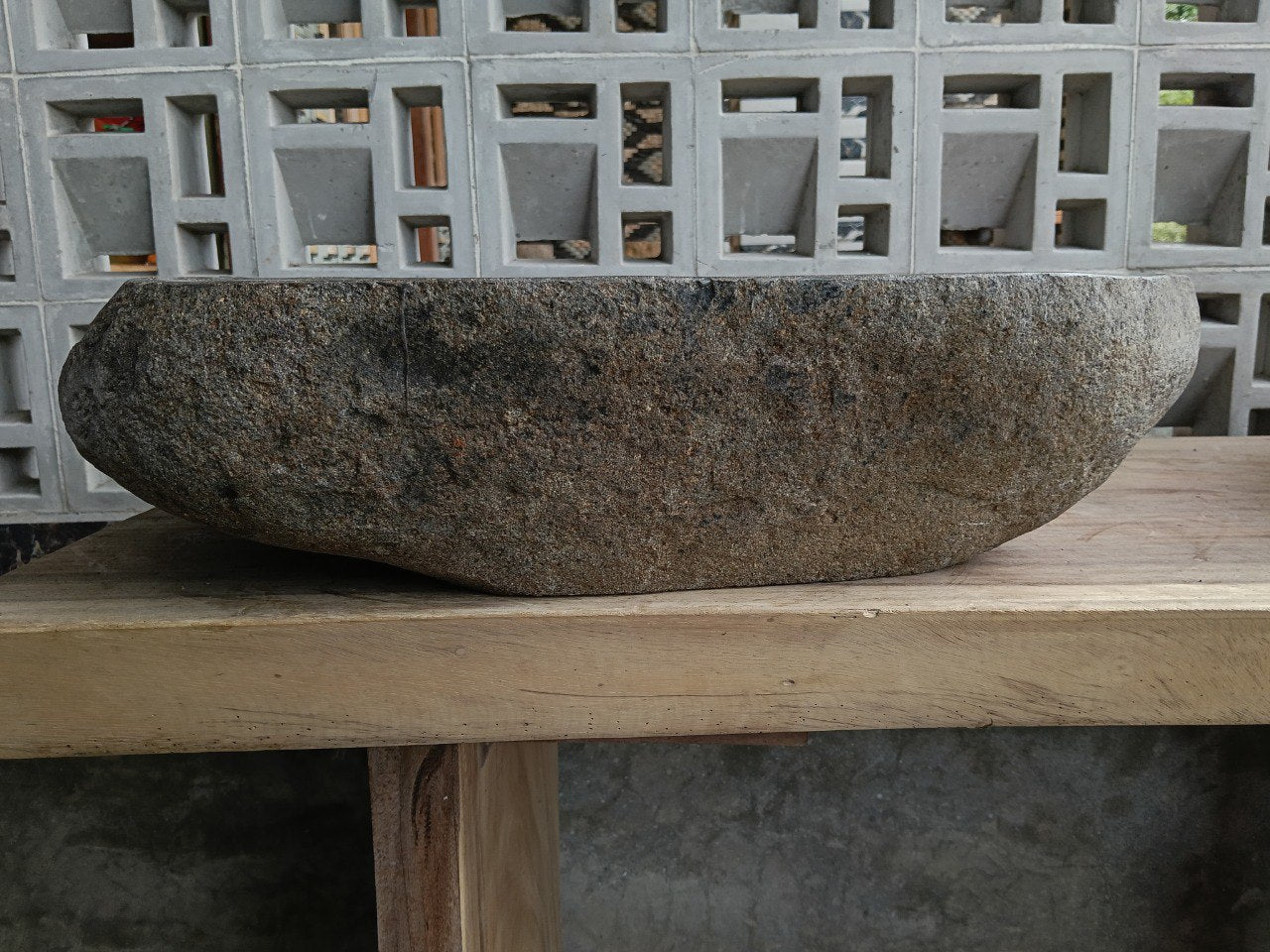 Back view of 6774-5936 natural stone vessel — textured exterior