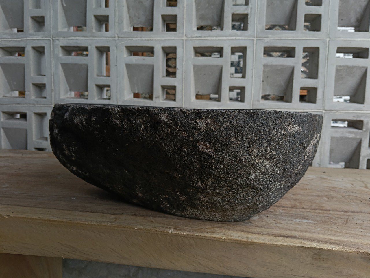 Back view of 6751-5043 natural stone vessel — textured exterior