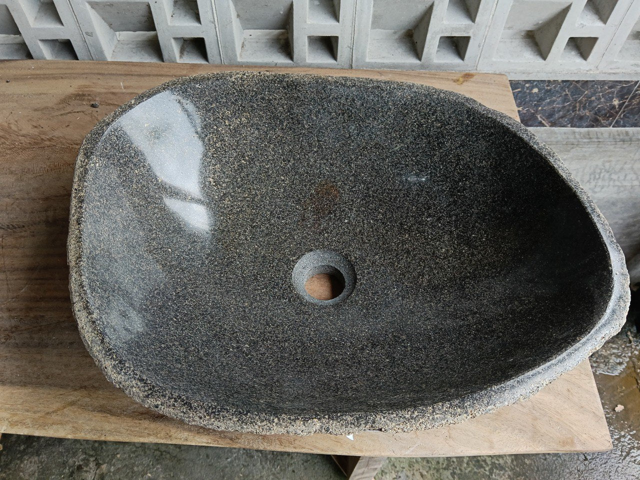 Top view of 6755-5038 graphite gray river stone sink — handcrafted natural stone