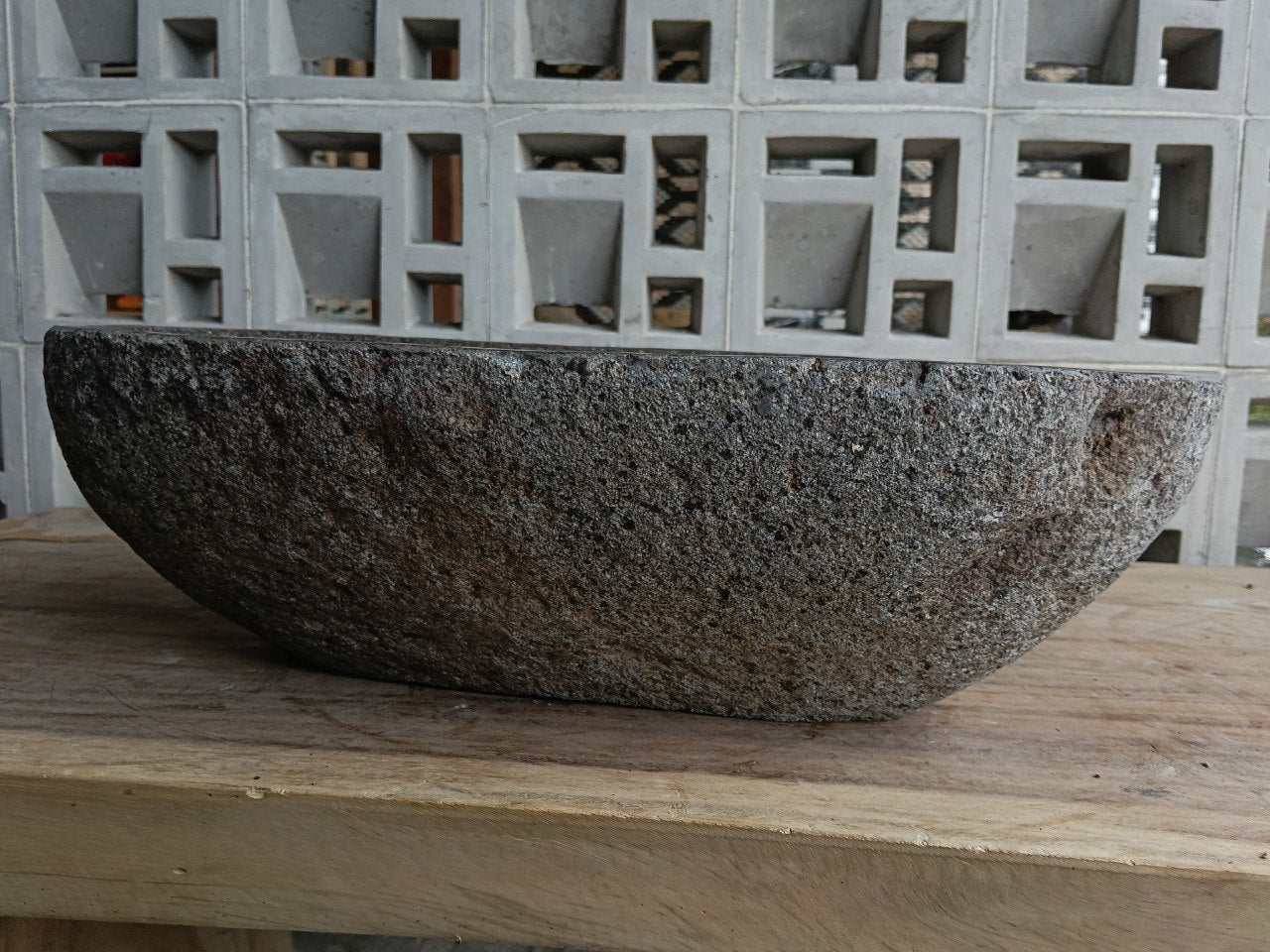 Back view of 6753-4937 natural stone vessel — textured exterior