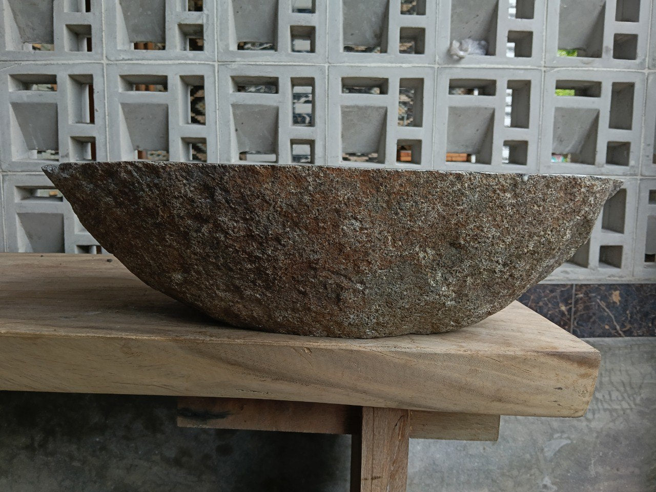 Back view of 6754-5737 natural stone vessel — textured exterior