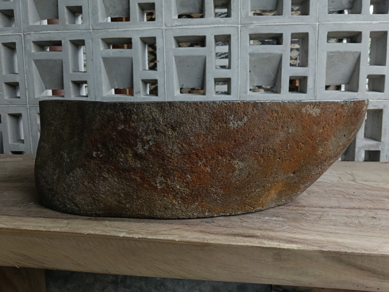 Back view of 6750-5536 natural stone vessel — textured exterior