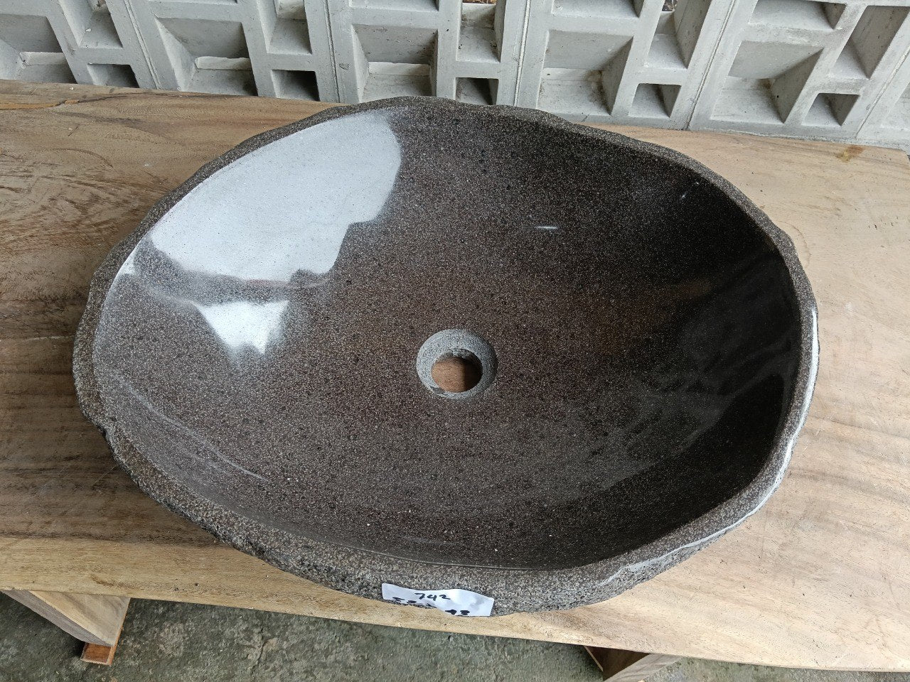 Top view of 6742-5243 brown-gray river stone sink — handcrafted natural stone