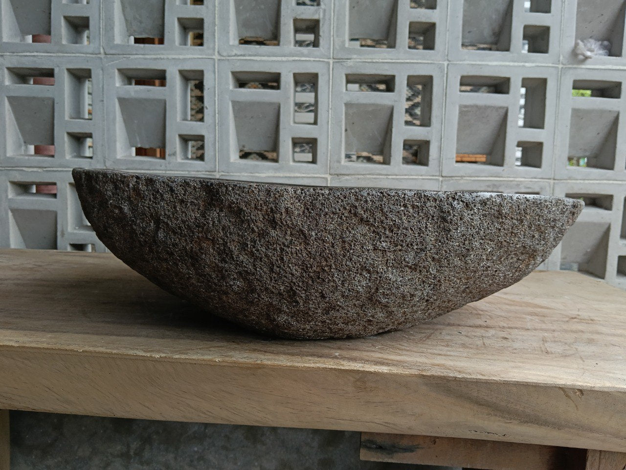 Back view of 6742-5243 natural stone vessel — textured exterior