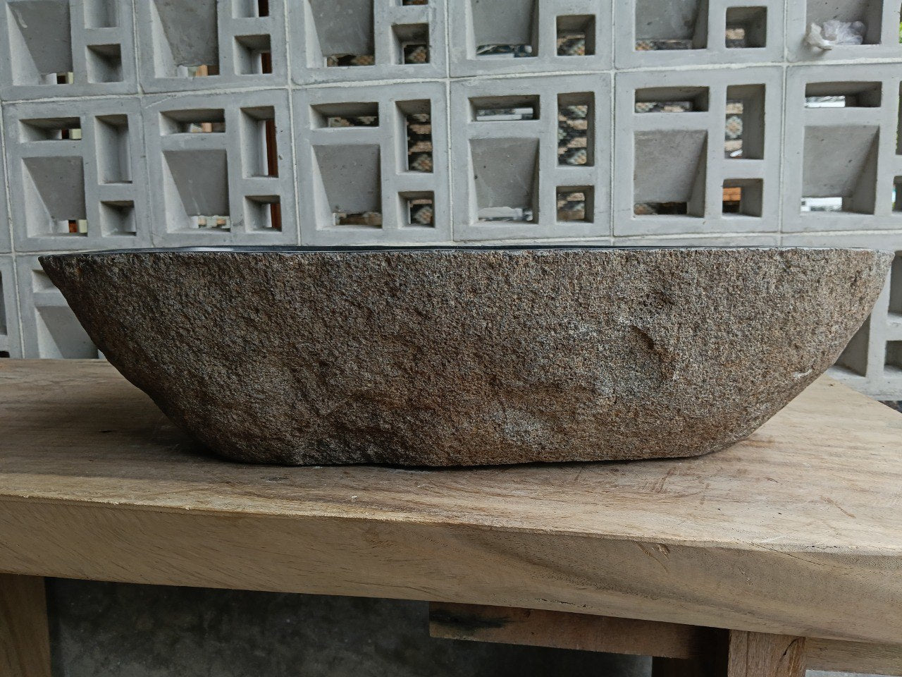 Back view of 6739-6135 natural stone vessel — textured exterior