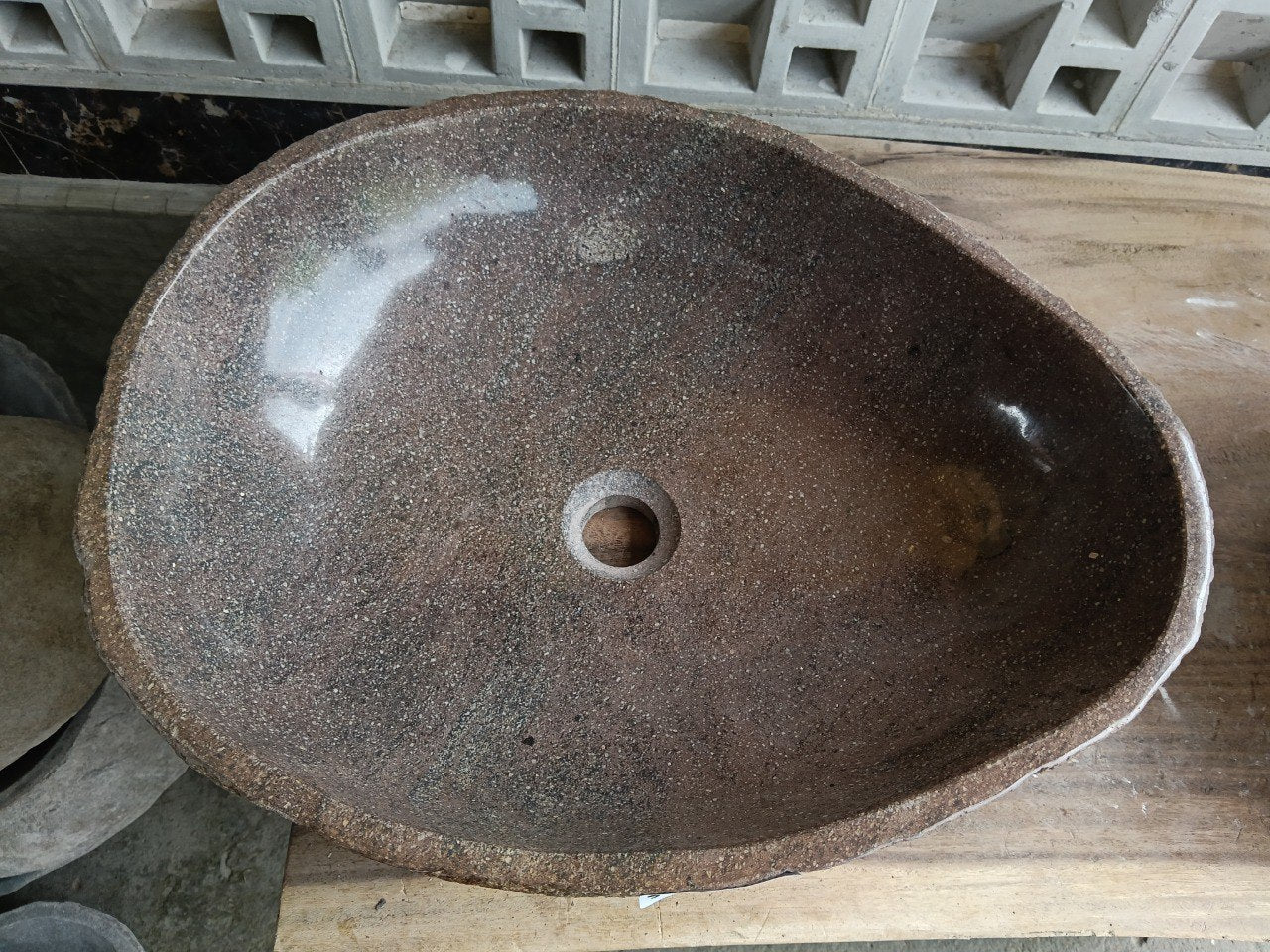Top view of 6911-5342 brown-gray river stone sink — handcrafted natural stone