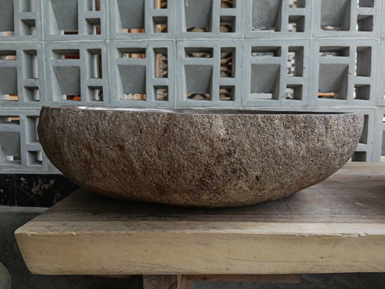 Back view of 6911-5342 natural stone vessel — textured exterior