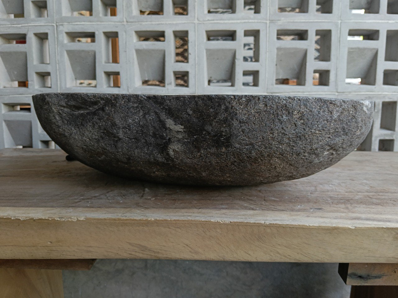 Back view of 6919-5640 natural stone vessel — textured exterior
