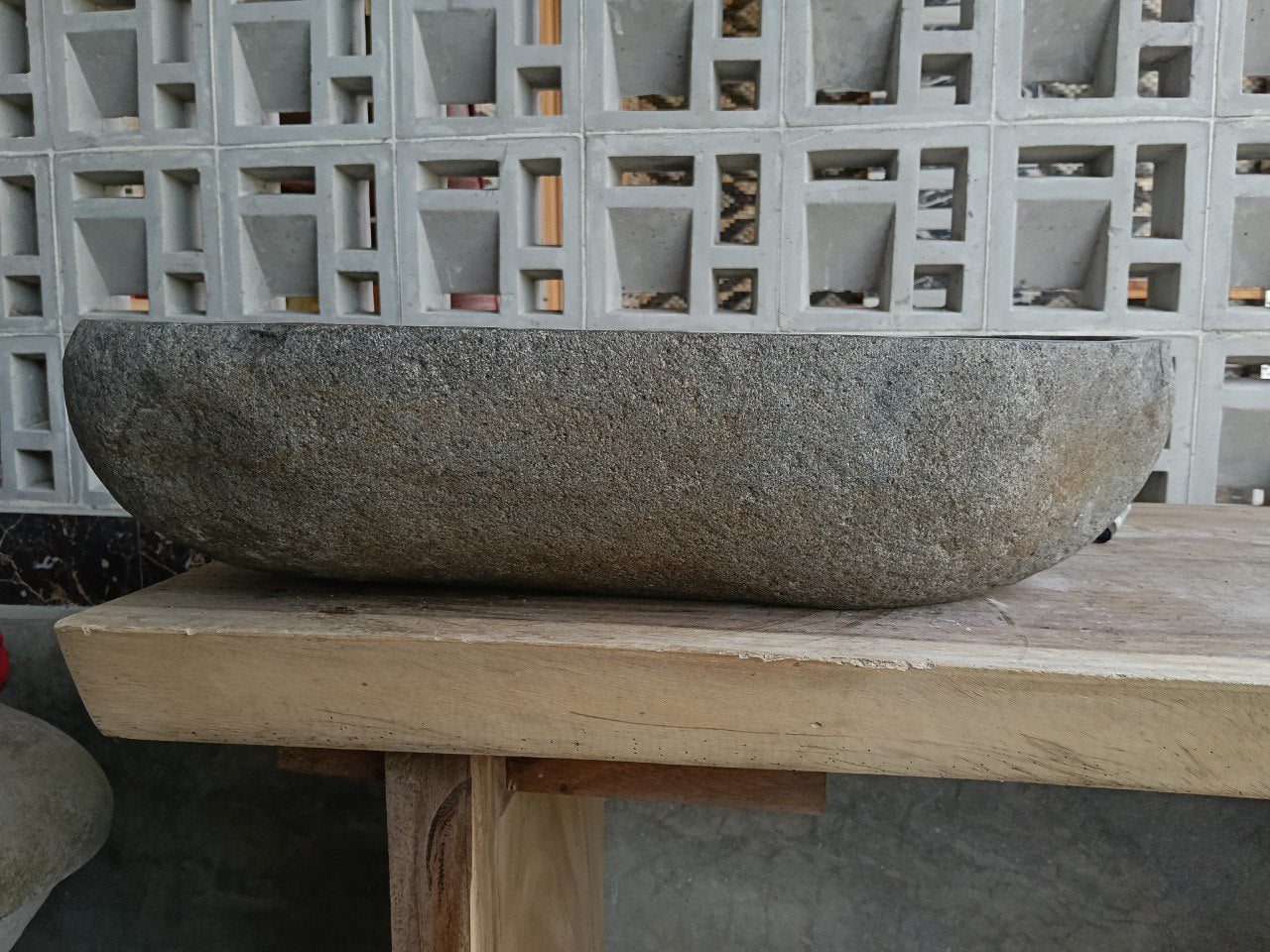 Back view of 6922-6136 natural stone vessel — textured exterior